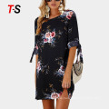 New summer fashion short sleeve print tie round neck dress